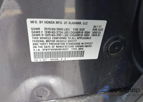 2017 Honda Pilot Ex-L z USA, uszkodzony, nr VIN 5FNYF5H58HB018337